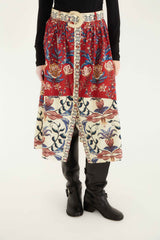 Red Winter Breeze Buttoned Belted Organic Cotton Midi Skirt