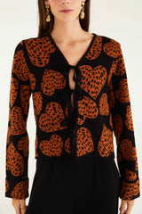 Black Leopard Hearts Front Ties Knit Cardigan