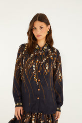 Black Garden Printed Buttons Lenzing™ Ecovero™ Viscose Shirt
