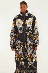 Black Flowerful Snake Garden Reversible Maxi Puffer Jacket