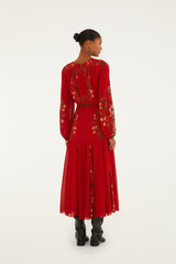 Red Berry Garden Long Sleeve Pleated Maxi Dress