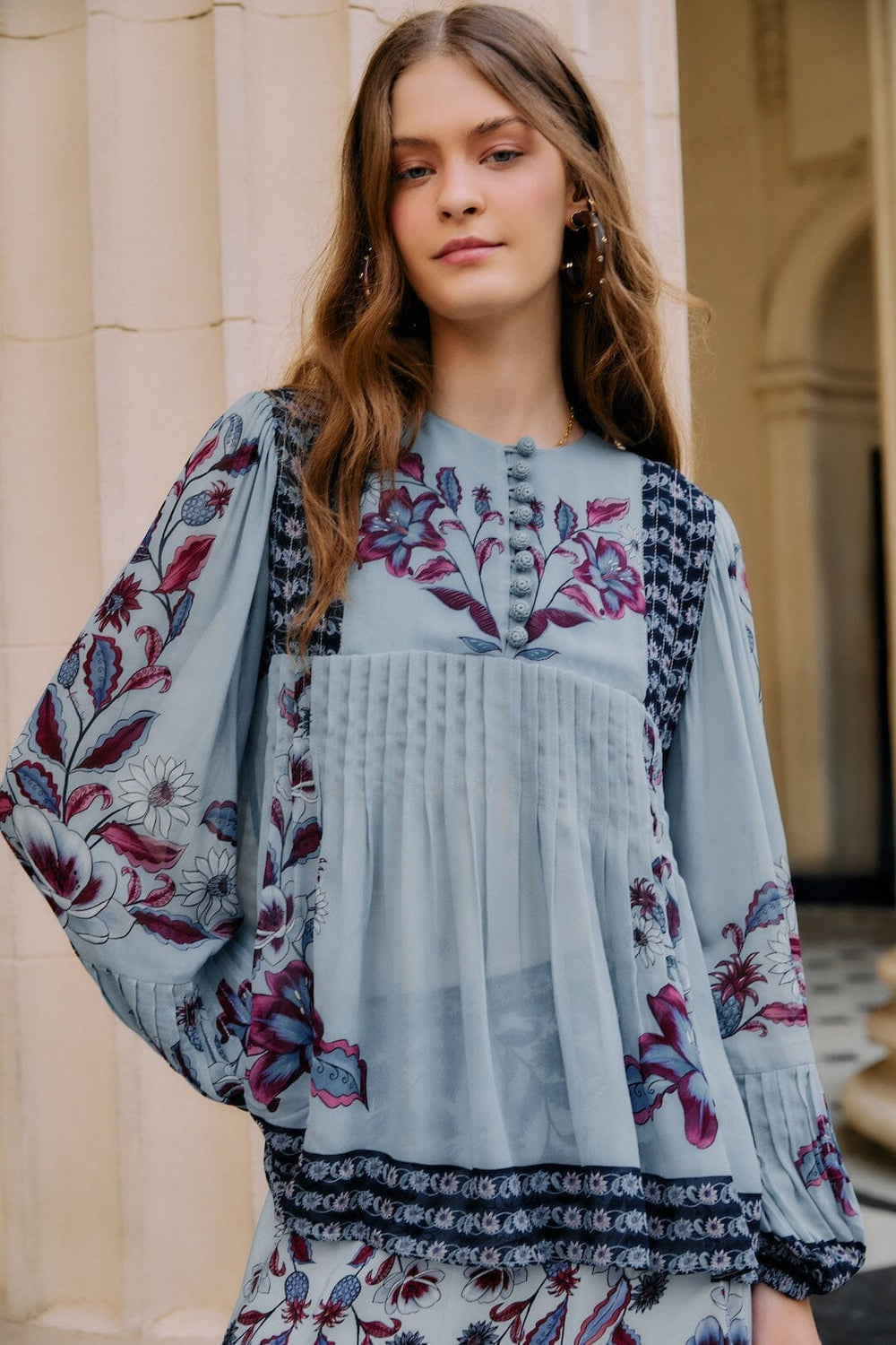 Soft Blue Marcelle Crochet Buttons Pleated Blouse