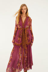 Pink Delicate Chintz Puff Sleeve Belted Maxi Dress