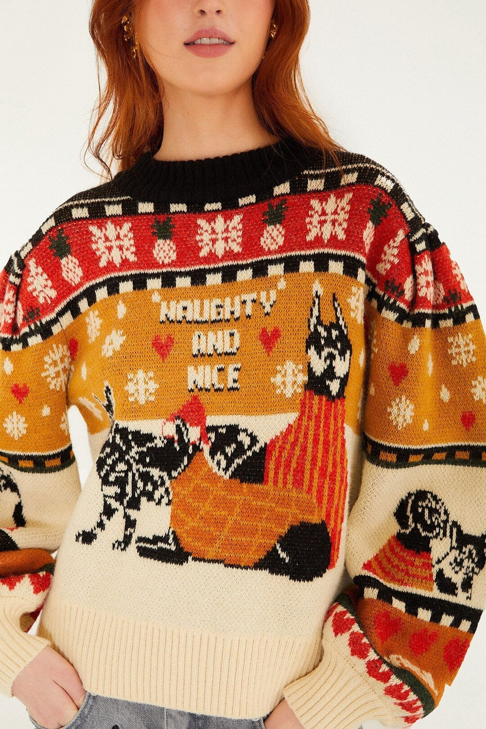 Multicolor Naughty And Nice Puff Sleeve Knit Sweater