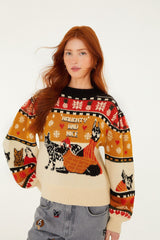 Multicolor Naughty And Nice Puff Sleeve Knit Sweater