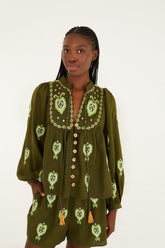 Green Embroidered Puff Sleeve Lenzing� Ecovero� Euroflax� Blouse