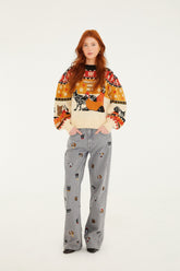 Multicolor Cats And Dogs Embroidery Denim Pants