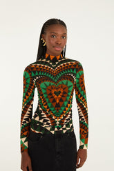 Green Heart Deco Ruched Waist Jersey Blouse