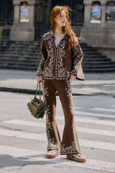 Brown Bohemian Paisley Flare Knit Pants