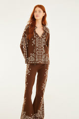 Brown Bohemian Paisley Flare Knit Pants