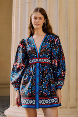 Black Latina Scarf Puff Sleeve Organic Cotton Mini Dress