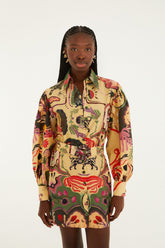 Beige Artsy Surreal Land Beaded Belt Organic Cotton Mini Dress