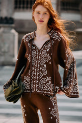 Brown Bohemian Paisley Beaded Rope Knit Sweater