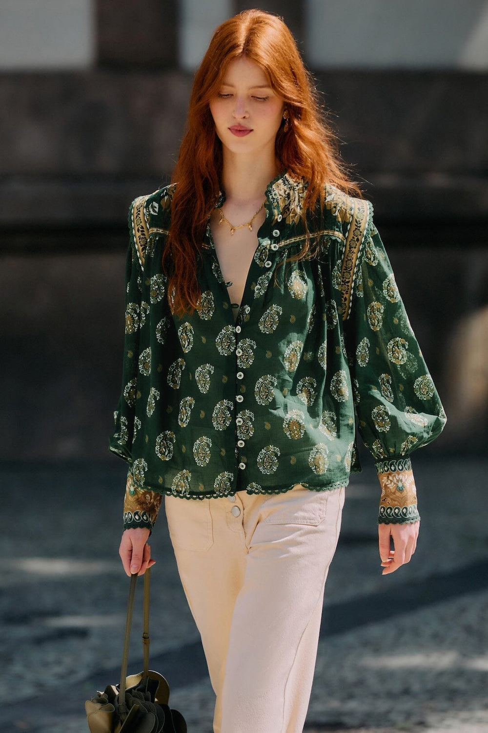 Green Tayla Lace Buttoned Puff Sleeve Blouse