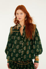 Green Tayla Lace Buttoned Puff Sleeve Blouse