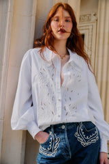 Off-White Embroidered Lace Buttoned Smocked Cuff Shirt