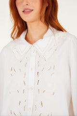 Off-White Embroidered Lace Buttoned Smocked Cuff Shirt