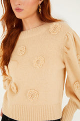 Sand Crochet 3d Flower Dropped Shoulder Knit Sweater