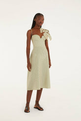 Green Striped 3d Monstera Leaf Euroflax� Premium Linen Midi Dress