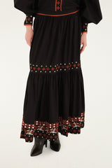 Black Embroidered Tiered Maxi Skirt