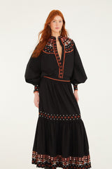 Black Embroidered Tiered Maxi Skirt