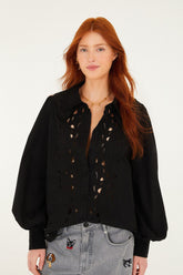 Black Embroidered Buttoned Puff Sleeve Shirt