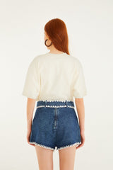 Denim Crochet Embroidery Belted Shorts