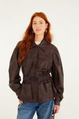 Burgundy Drawstring Pockets Leather Parka