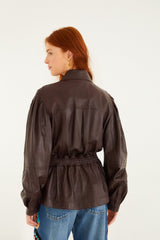 Burgundy Drawstring Pockets Leather Parka