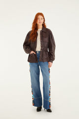 Burgundy Drawstring Pockets Leather Parka