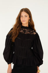 Black Lace Puff Sleeve Blouse