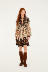 Sand Majestic Garden Lace Long Sleeve Mini Dress