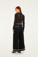 Black Crochet Embroidery Wide-Leg Denim Pants