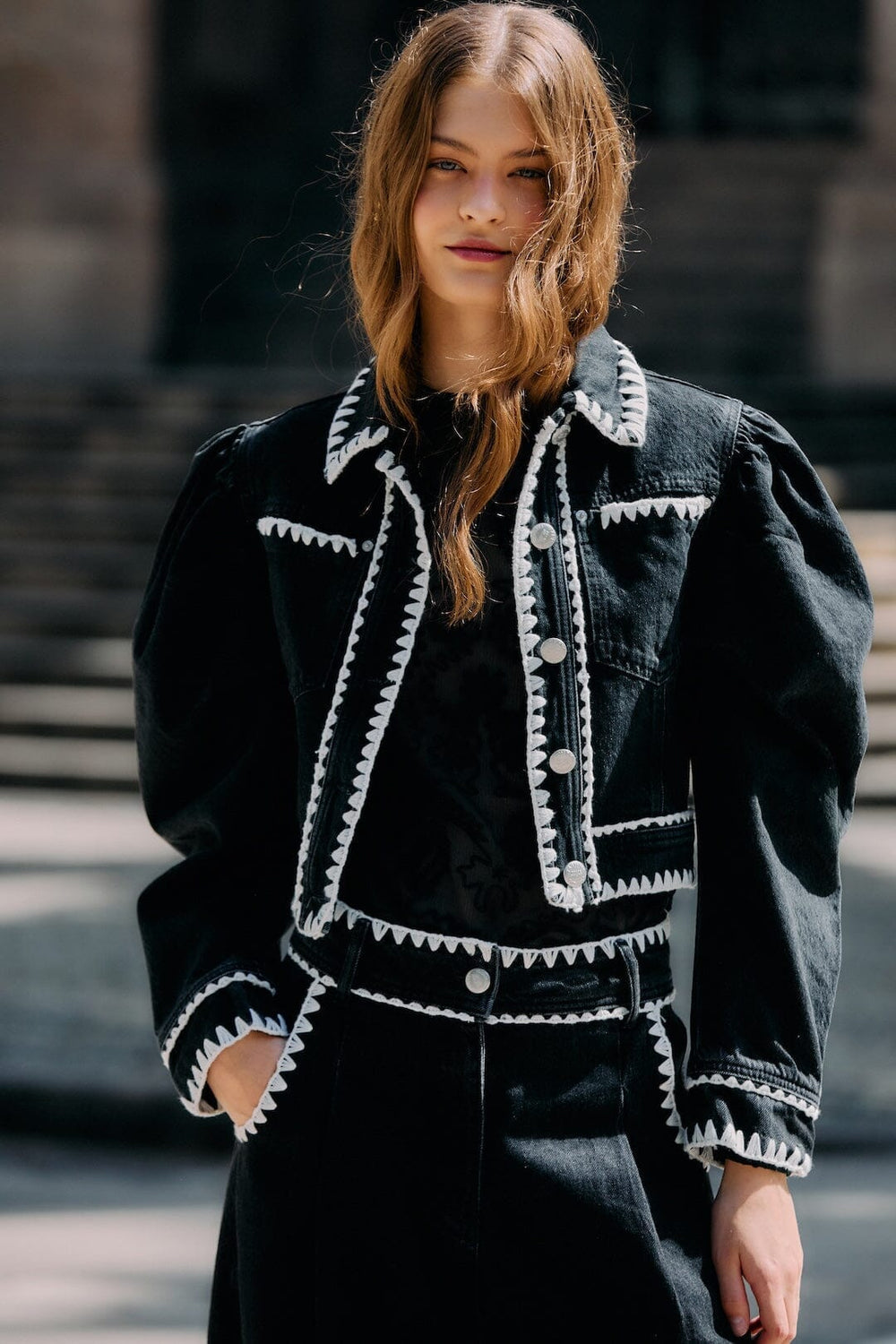 Black Romantic Crochet Embroidery Puff Sleeve Denim Jacket