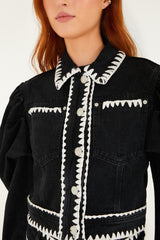 Black Romantic Crochet Embroidery Puff Sleeve Denim Jacket