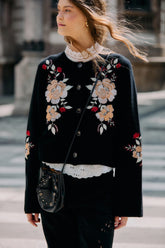 Black Flowers Embroidered Buttoned Knit Cardigan
