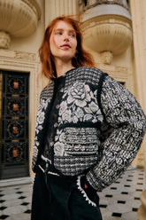 Black Cashews And Birds Seam Padded Jacket