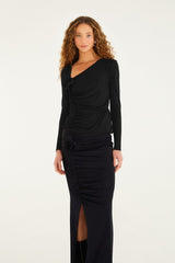 Black Flower Draped Side Slit Midi Skirt