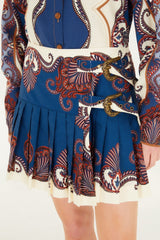 Blue Arabesque Scarf Buckled Pleated Organic Cotton Mini Skirt