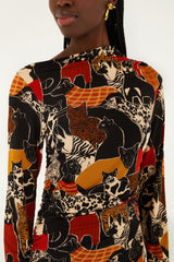 Multicolor Cats And Dogs Long Sleeve Draped Midi Dress