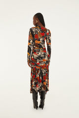 Multicolor Cats And Dogs Long Sleeve Draped Midi Dress