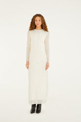 Off-White Embroidered Crew Neck Long Sleeve Maxi Dress