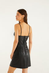 Black 3d Flower Leather Mini Dress