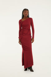 Burgundy 3d Flower Draped Side Slit Maxi Skirt