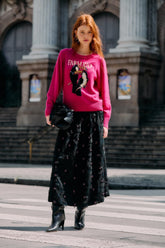 Black 3d Flowers Embroidered Midi Skirt