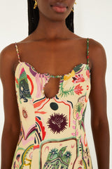 Beige Artsy Surreal Land Beaded Sleeveless Midi Dress