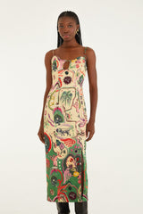 Beige Artsy Surreal Land Beaded Sleeveless Midi Dress