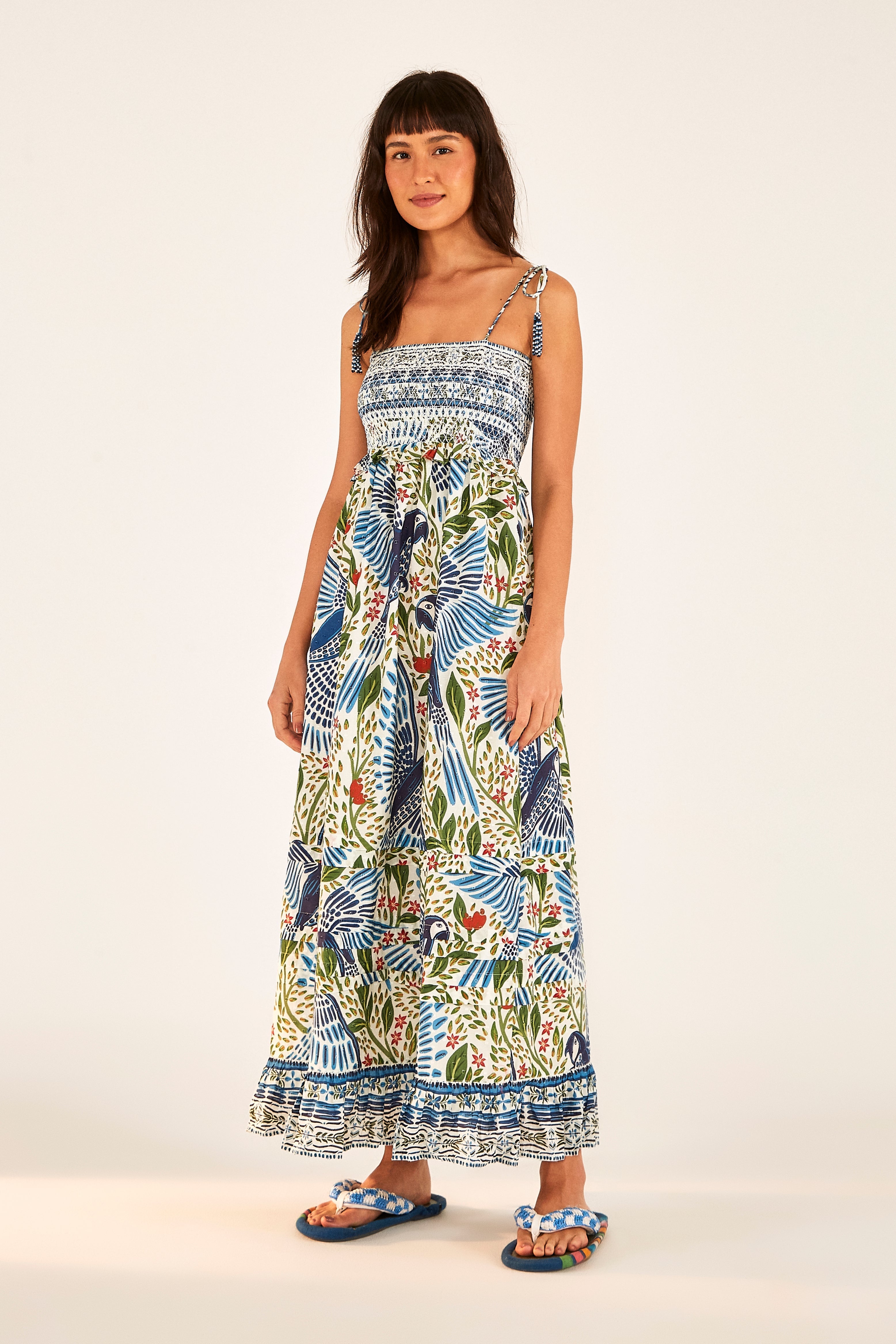 Smocked Maxi Dress Off White Macaw Flight – FARM Rio