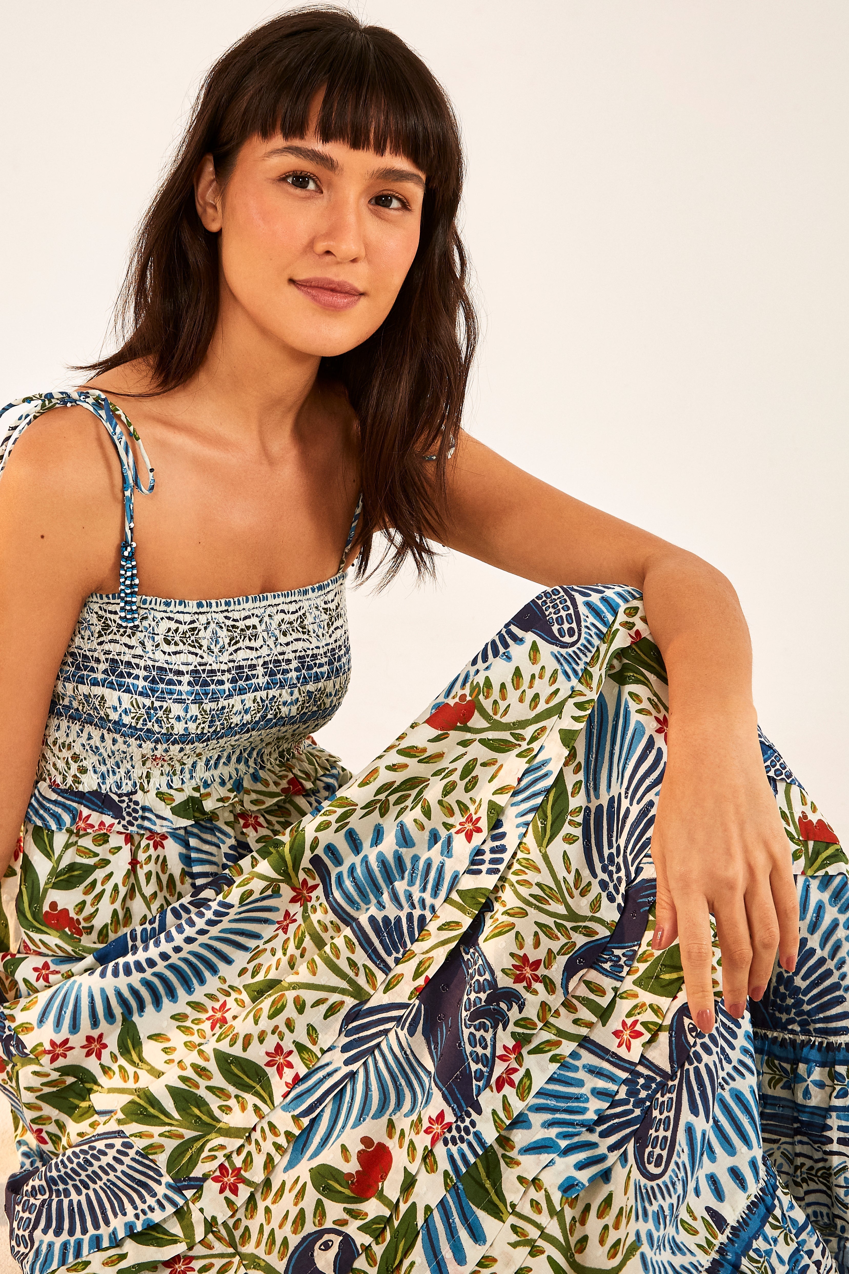 Smocked Maxi Dress Off White Macaw Flight – FARM Rio