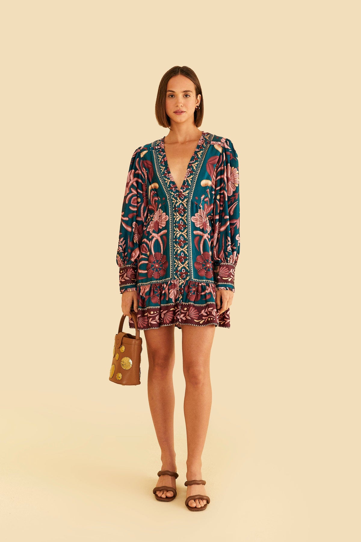 Teal Seashell Tapestry Lenzing™ Ecovero™ Viscose Mini Dress – FARM Rio